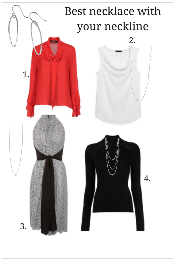 Guide to which necklace to wear for cowl neckline, halter dress, bow tie neckline and turtleneck shirt or sweater