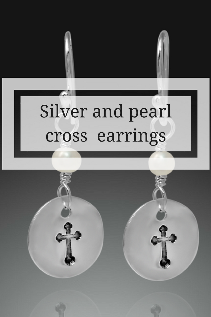 Pearl earrings, cross earrings, cross jewelry