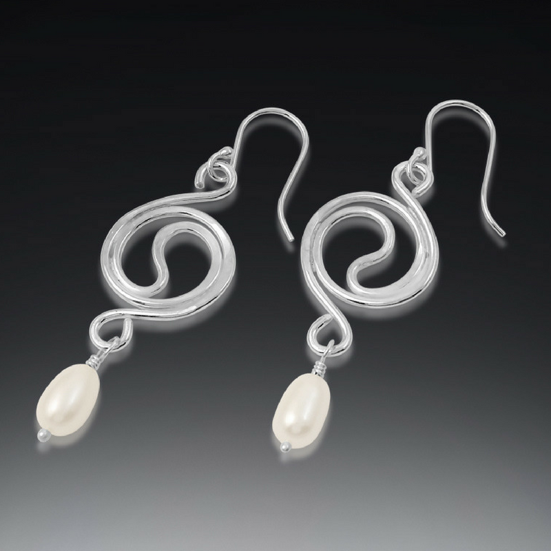 Silver and pearl spiral earrings