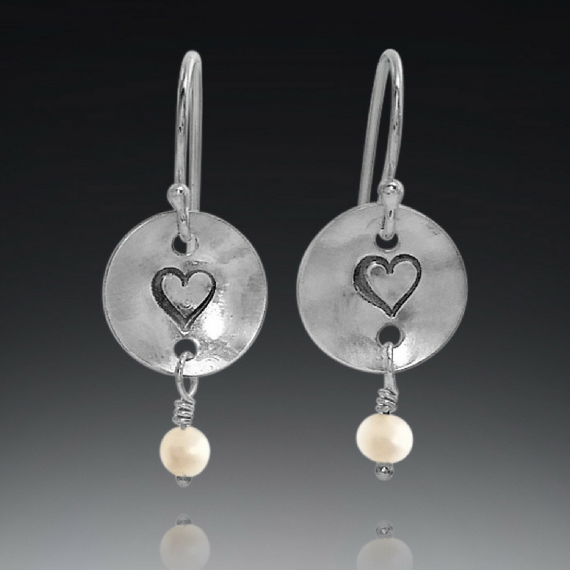 Handmade silver heart pearl earrings for her