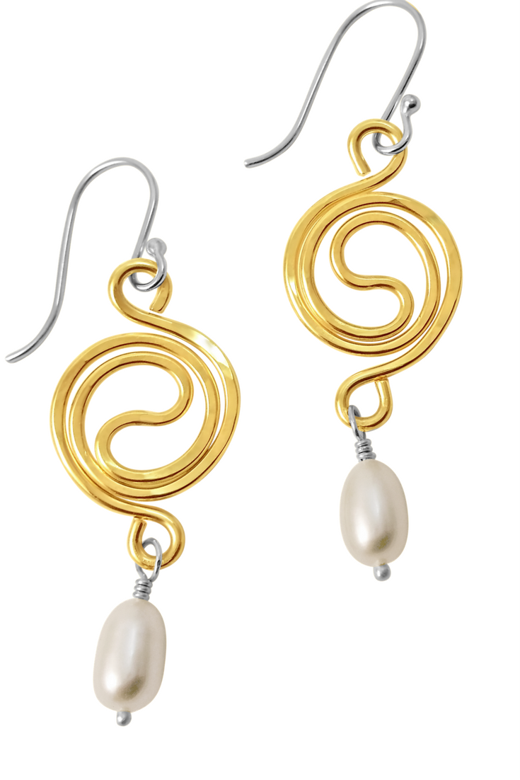 gold and pearl spiral earrings