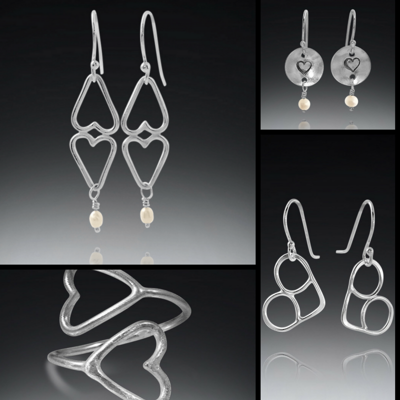 silver heart pearl jewelry, heart pearl earrings, Laura Teague Jewelry